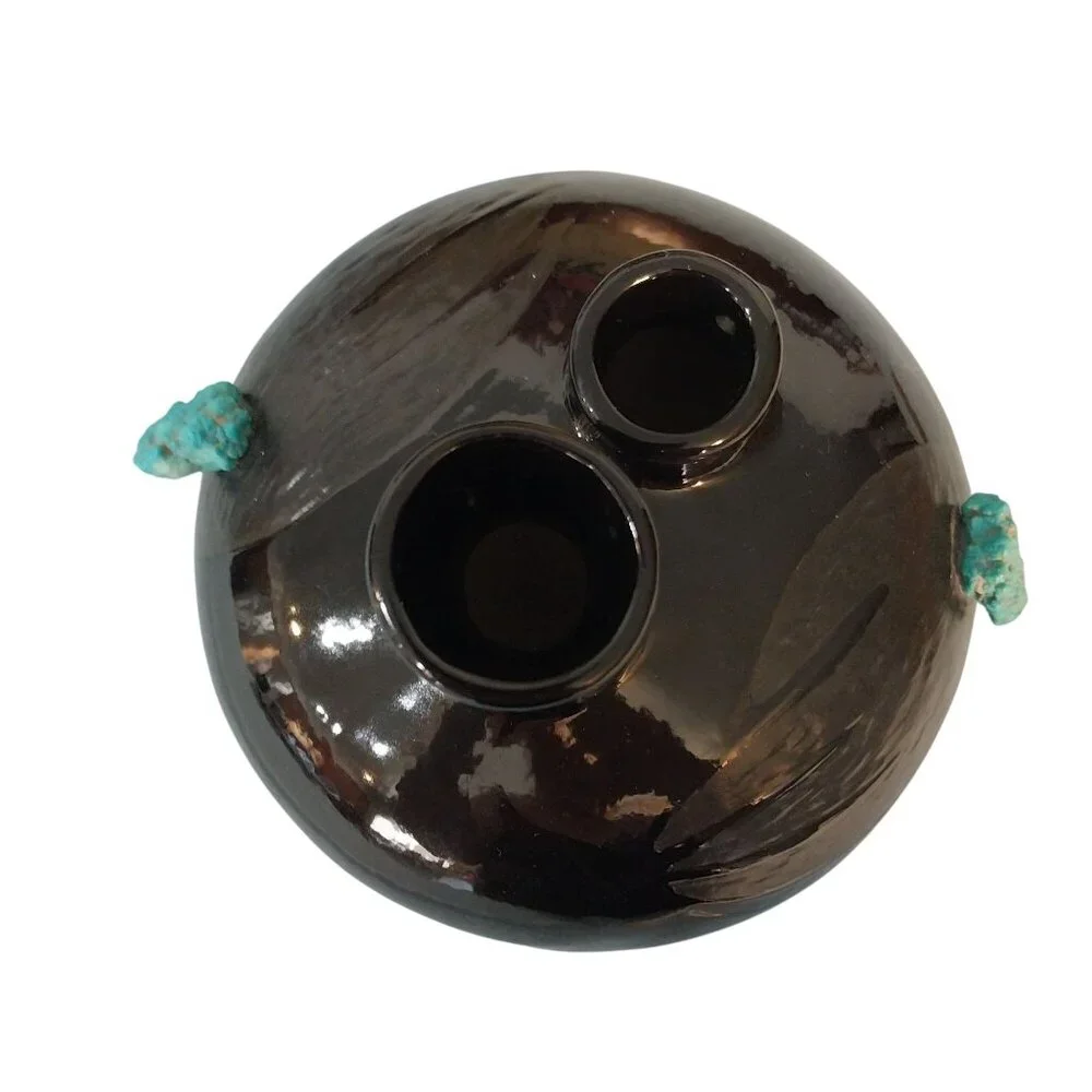 Black Double Spout Vase With Etched Bear Claw and Turquoise Colored Stones